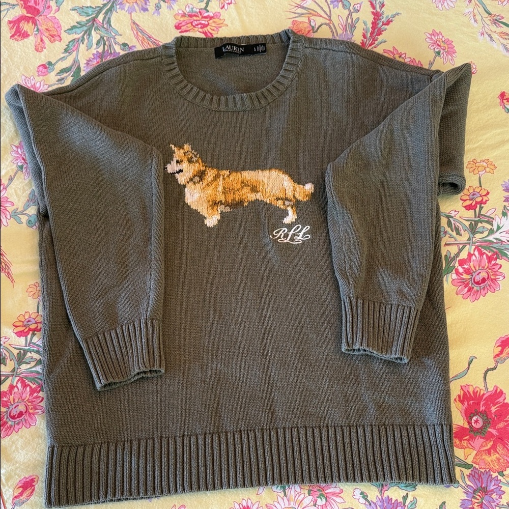 Lauren by Ralph Lauren Olive Green Corgi dog Embroidered Crewneck Sweater